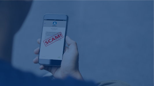 person receiving scam text on phone with dark blue overlay