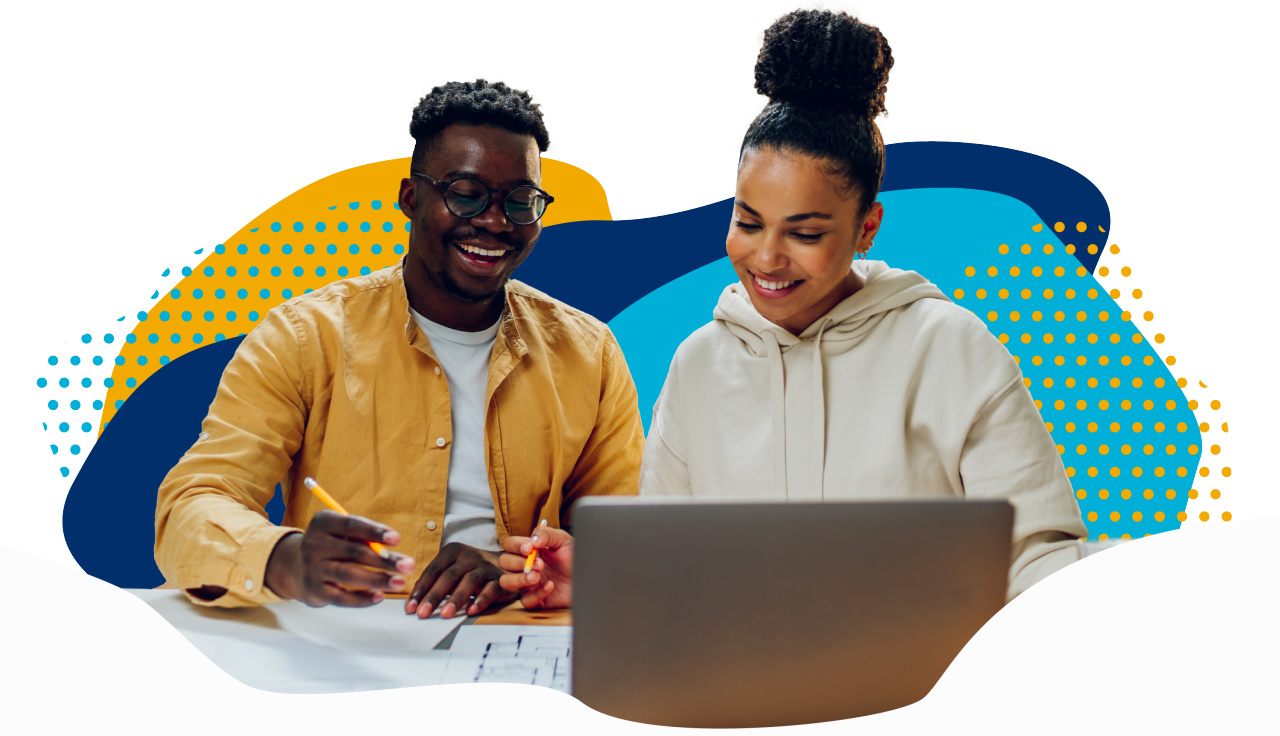 Two people working on a computer. Colorful background.