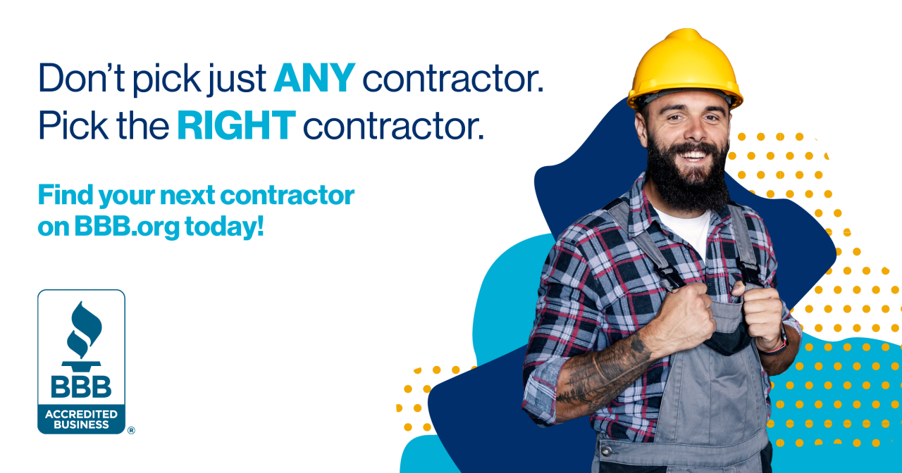 false don't pick just any contractor, pick the right contractor with man in hard hat smiling. find your next contractor at bbb.org today