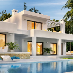 Nice home with pool out front lights on