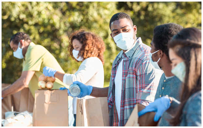 Masked workers volunteering