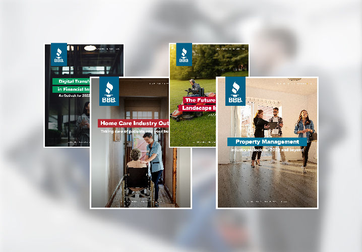 Different covers from various BBB Industry Reports over a blurred background