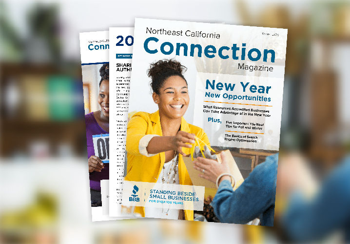 Pages from the Northeast California Connection Magazine fanned out over a blurred background